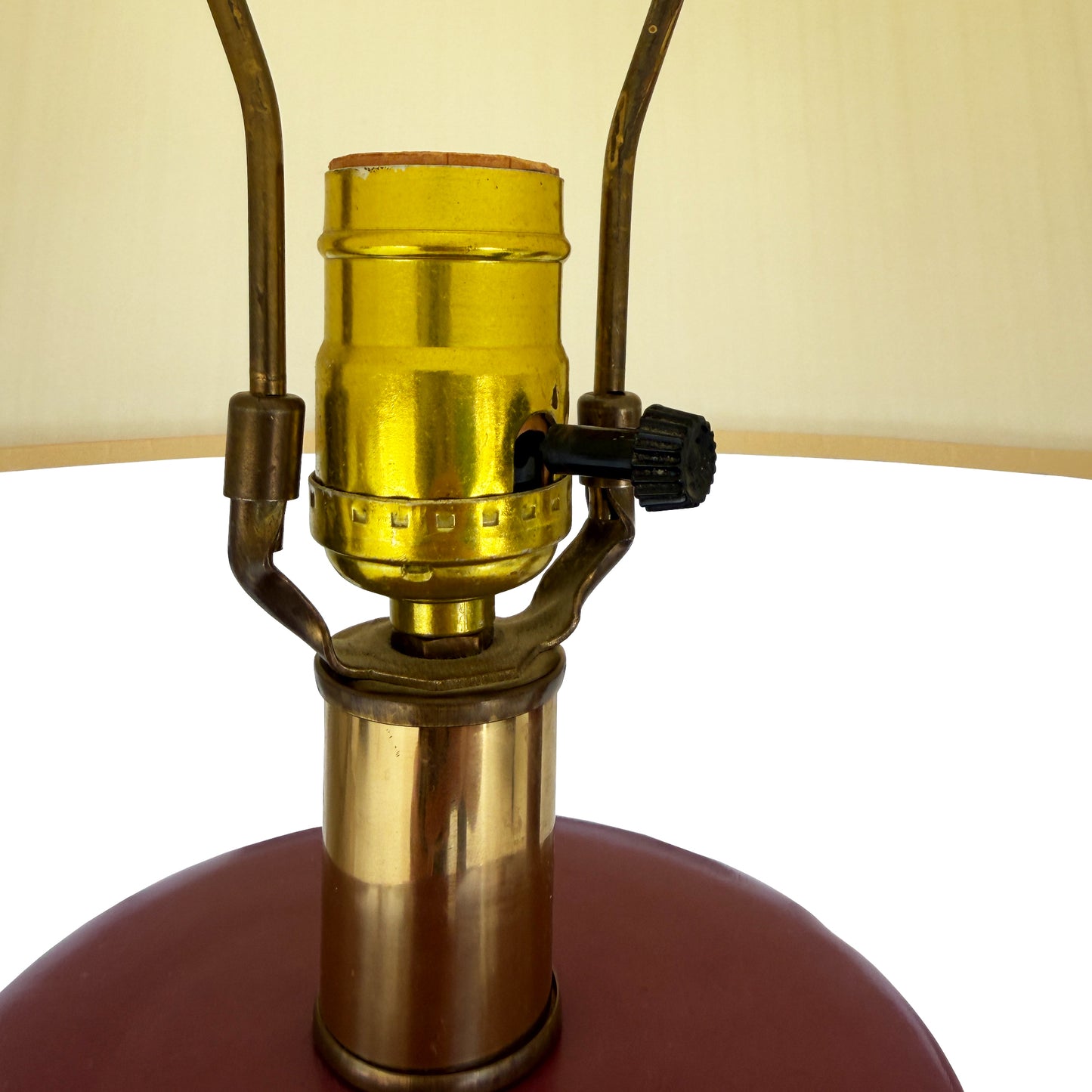 Pair of Vintage Sang de Boeuf Oxblood Glazed Ceramic and Brass Table Lamps