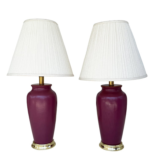 Pair of Vintage Sang de Boeuf Oxblood Glazed Ceramic and Brass Table Lamps
