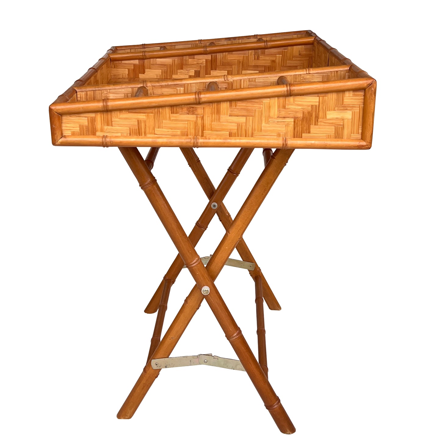 Vintage Bamboo and Woven Rattan Folding Butler Tray Stand, Coastal Campaign