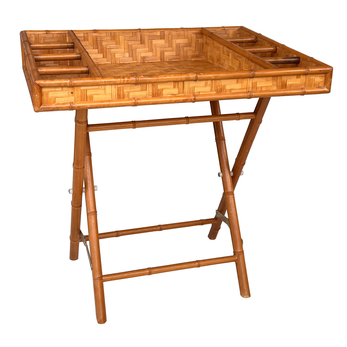 Vintage Bamboo and Woven Rattan Folding Butler Tray Stand, Coastal Campaign
