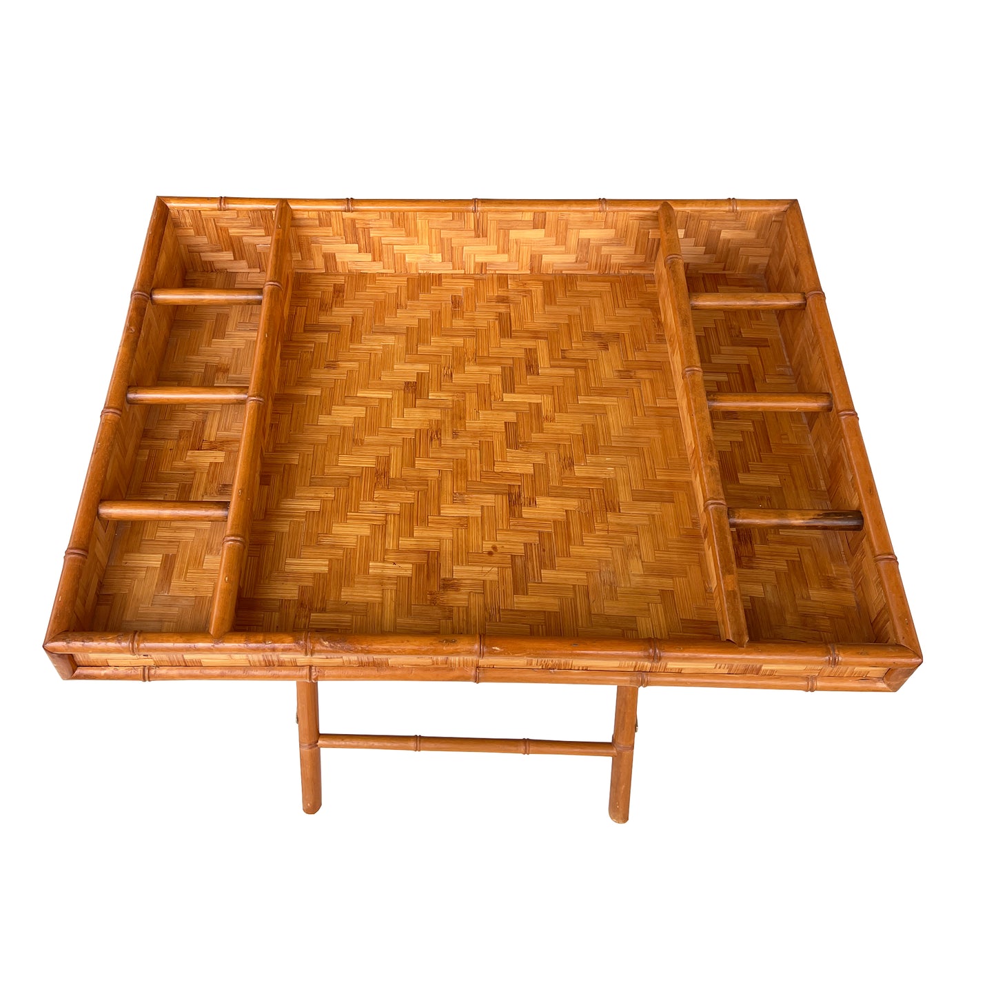 Vintage Bamboo and Woven Rattan Folding Butler Tray Stand, Coastal Campaign