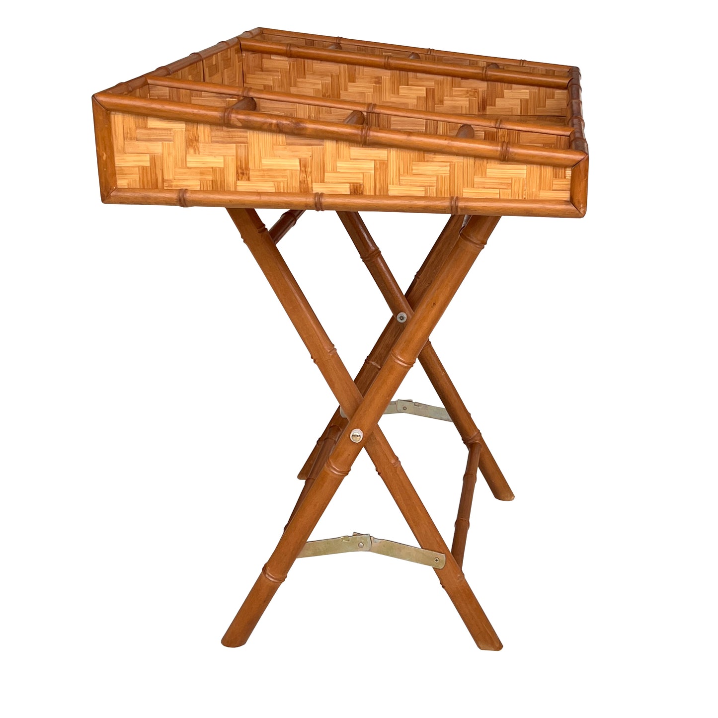 Vintage Bamboo and Woven Rattan Folding Butler Tray Stand, Coastal Campaign