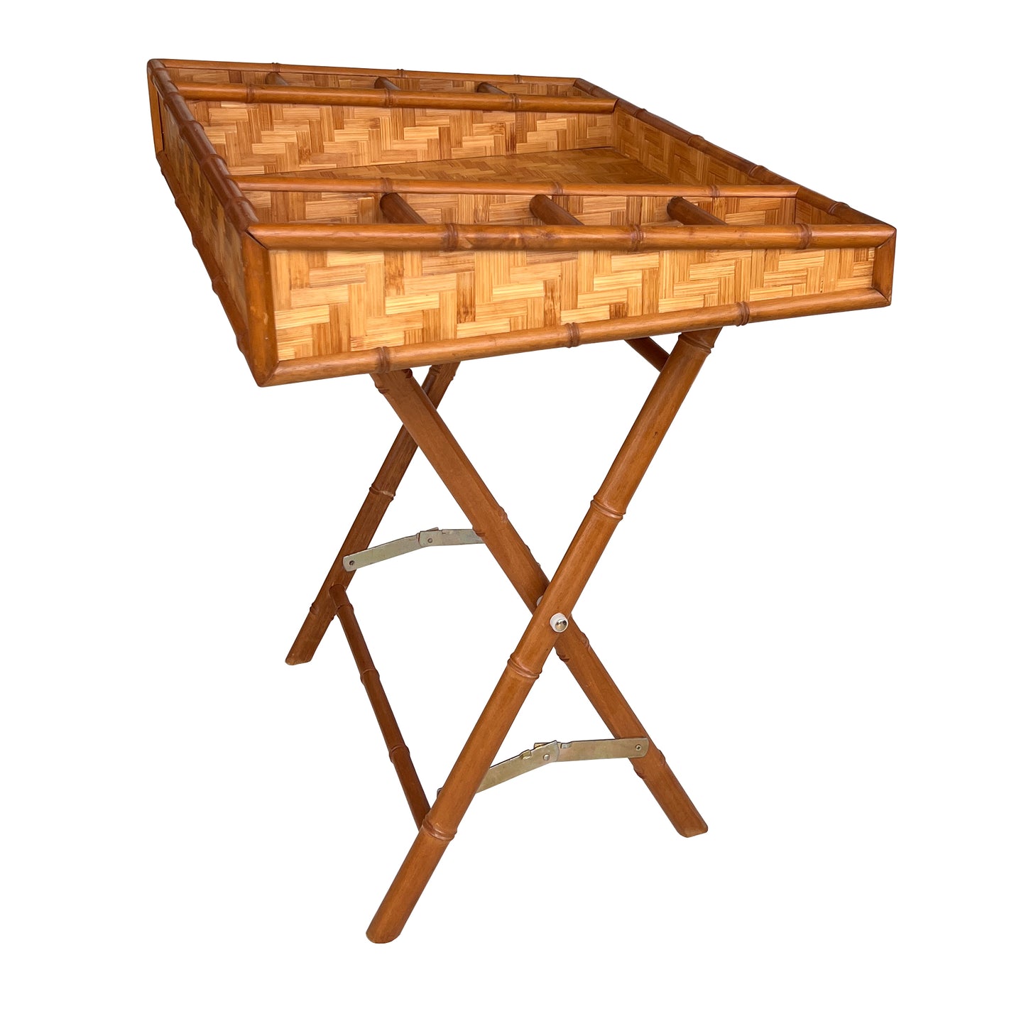 Vintage Bamboo and Woven Rattan Folding Butler Tray Stand, Coastal Campaign