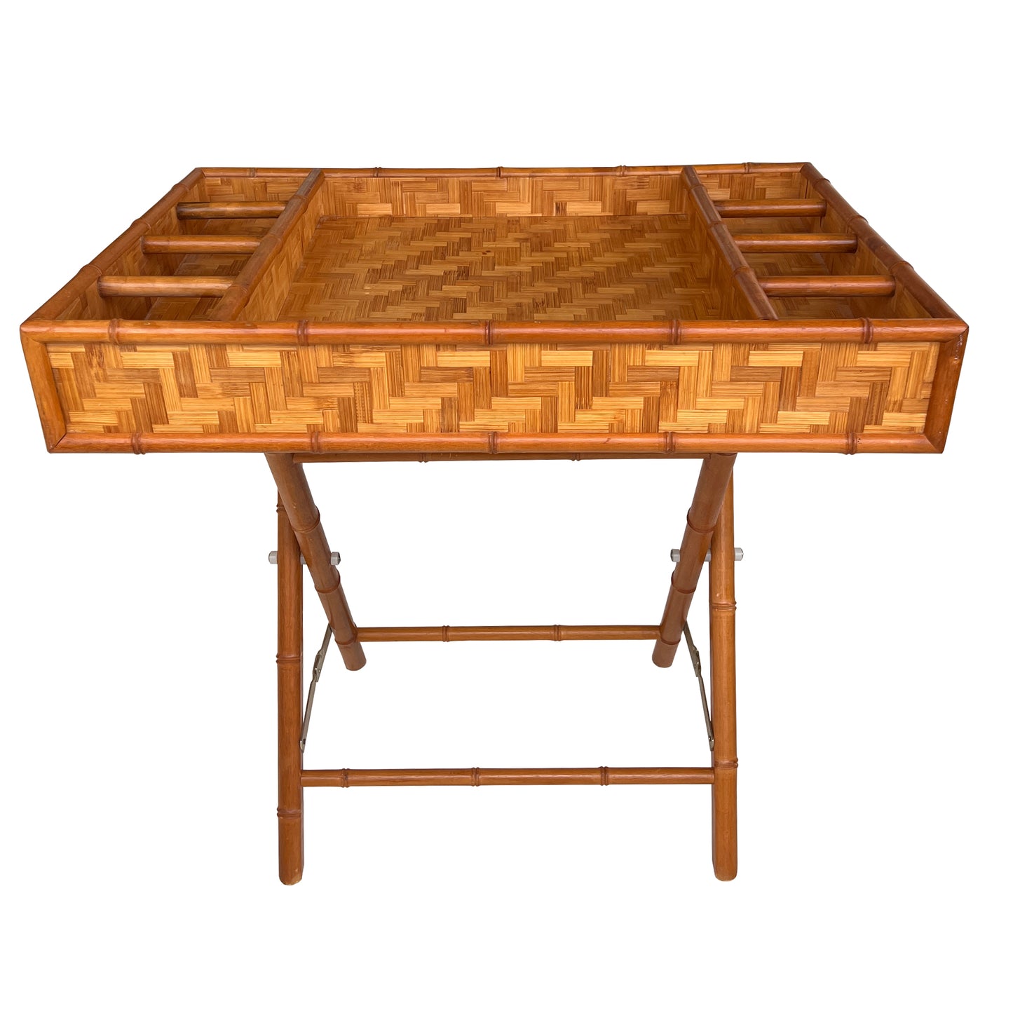 Vintage Bamboo and Woven Rattan Folding Butler Tray Stand, Coastal Campaign