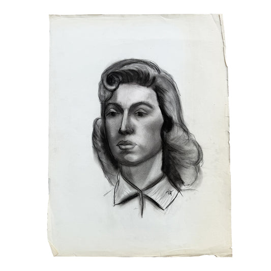 Large Vintage Charcoal Portrait Drawing of a Woman with Rolled Curl