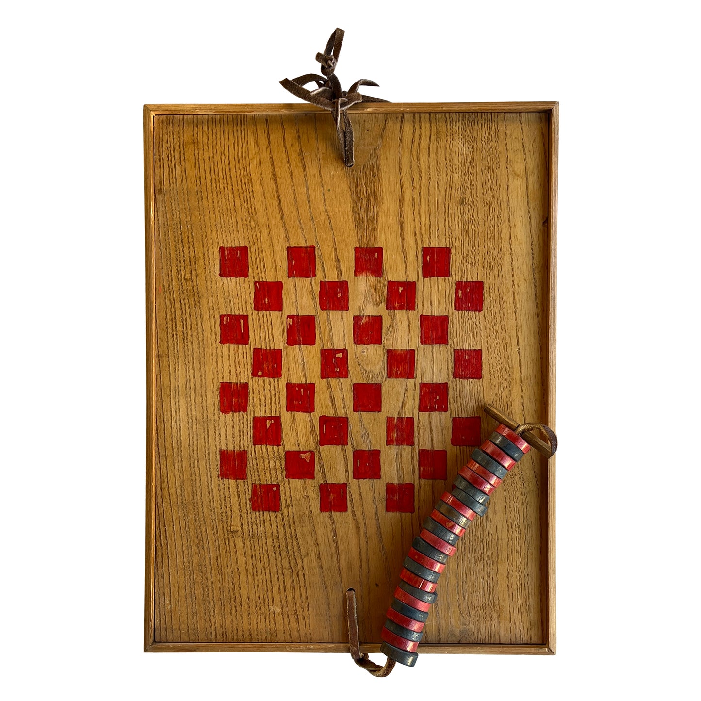 Vintage Hand-Painted Wooden Checkerboard with Original Red and Black Game Pieces