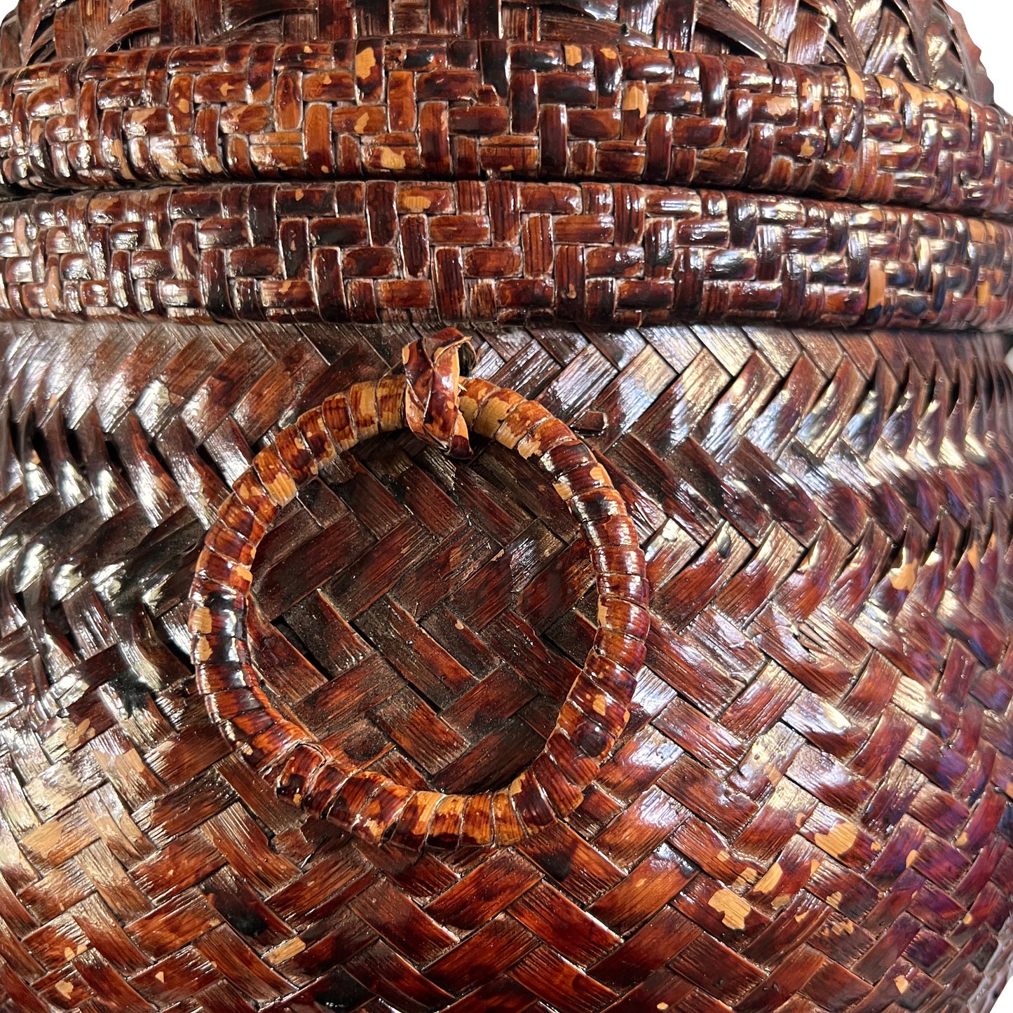 Antique Southeast Asian Lacquered Woven Wedding or Rice Basket with Brass Lock