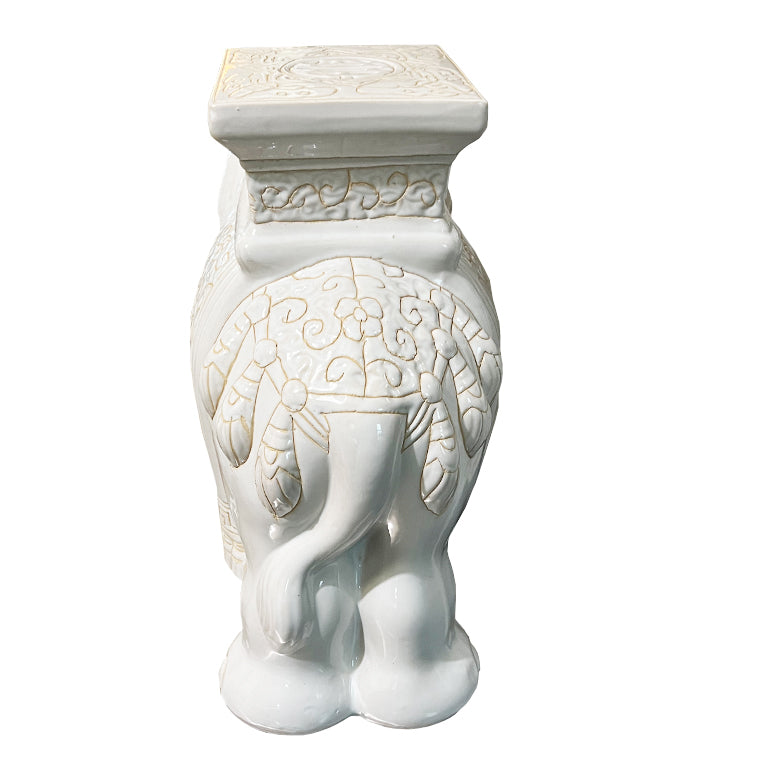 Lucky Vintage White Ceramic Elephant Garden Stool or Side Table With Asian Motif