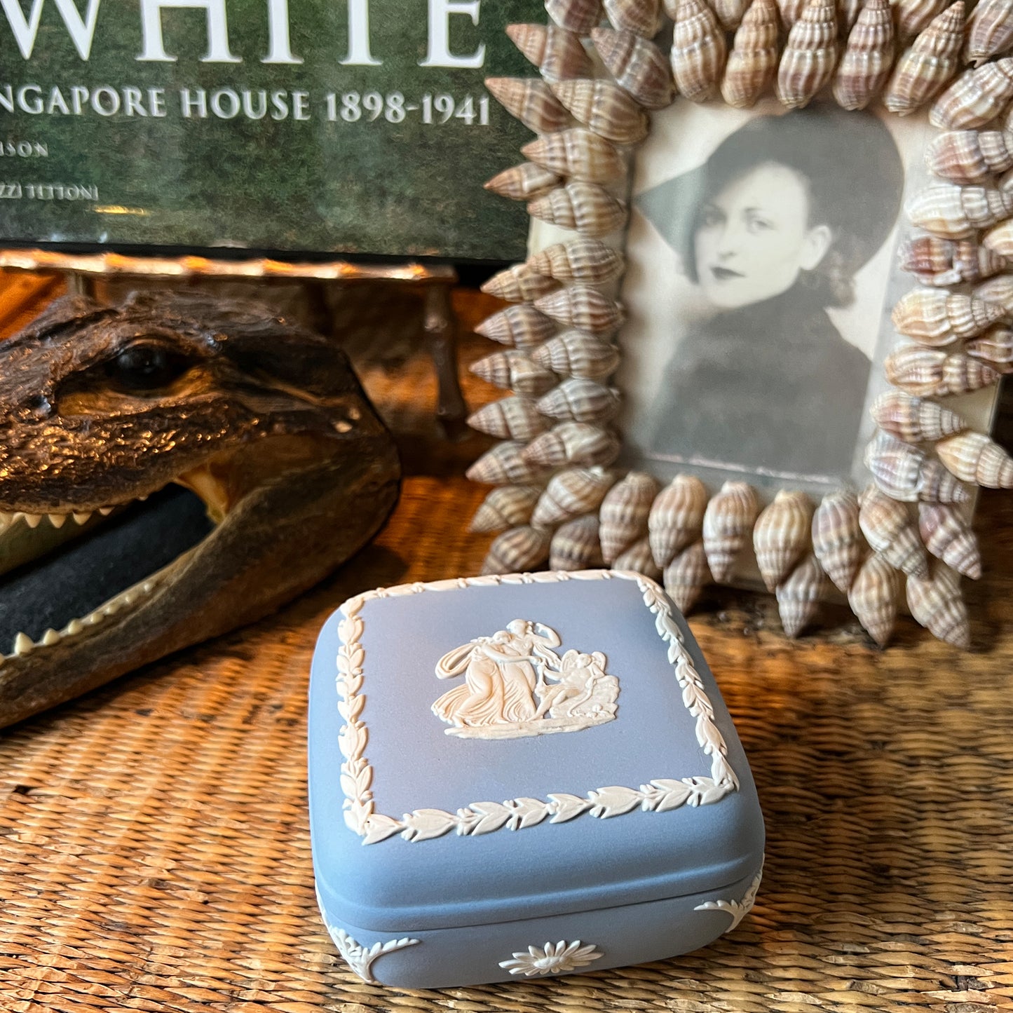 Wedgwood Blue Jasperware Lidded Trinket Box with Neo Classical Relief